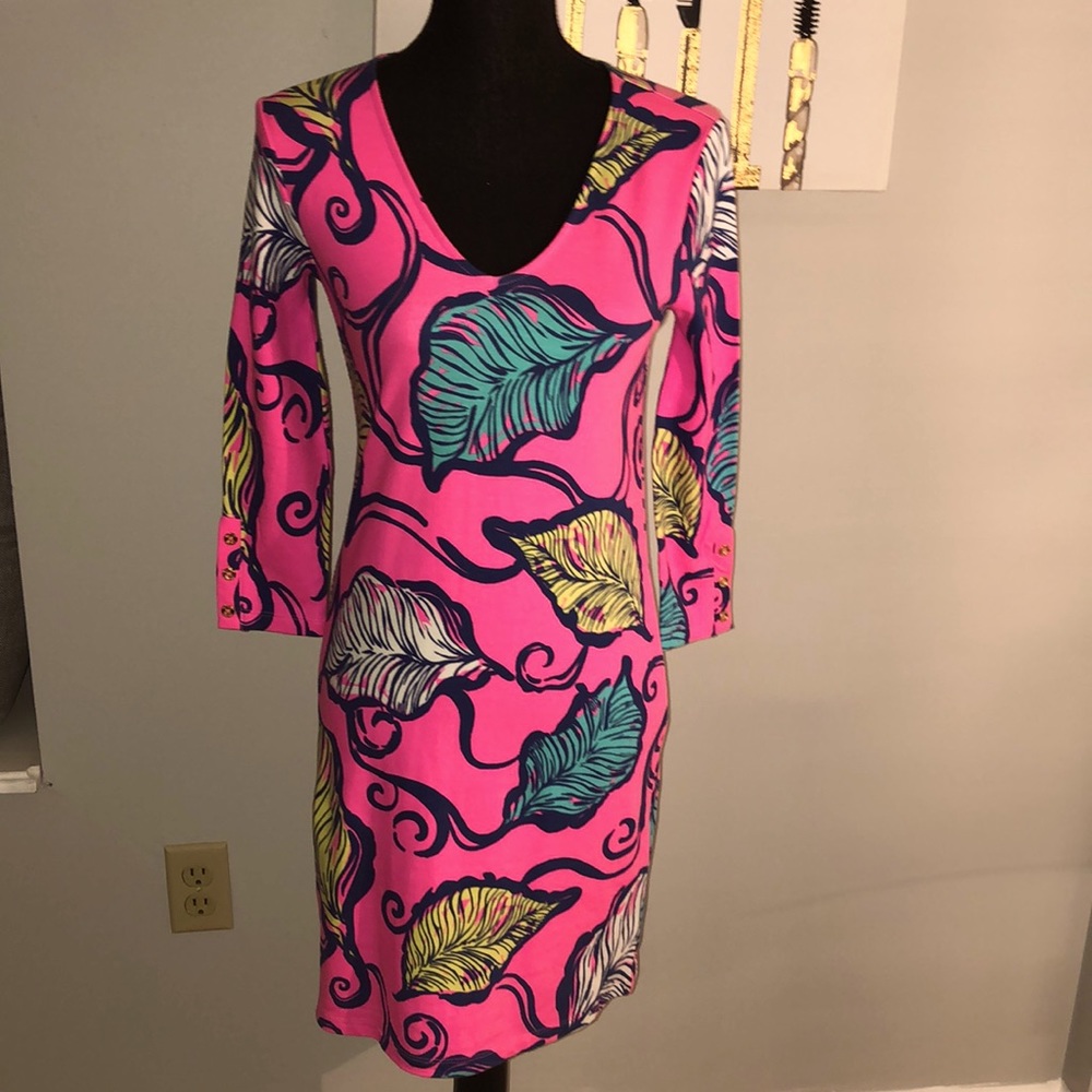 NWT Lilly Pulitzer dress The Clarke Pink Leaves in the Breeze 3/4 length